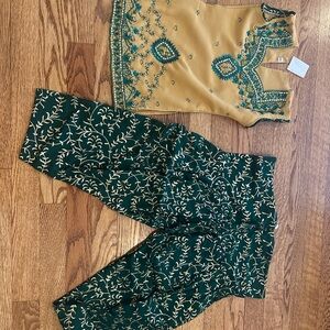 Green and Gold Wide Leg Matching Set with Embroidery